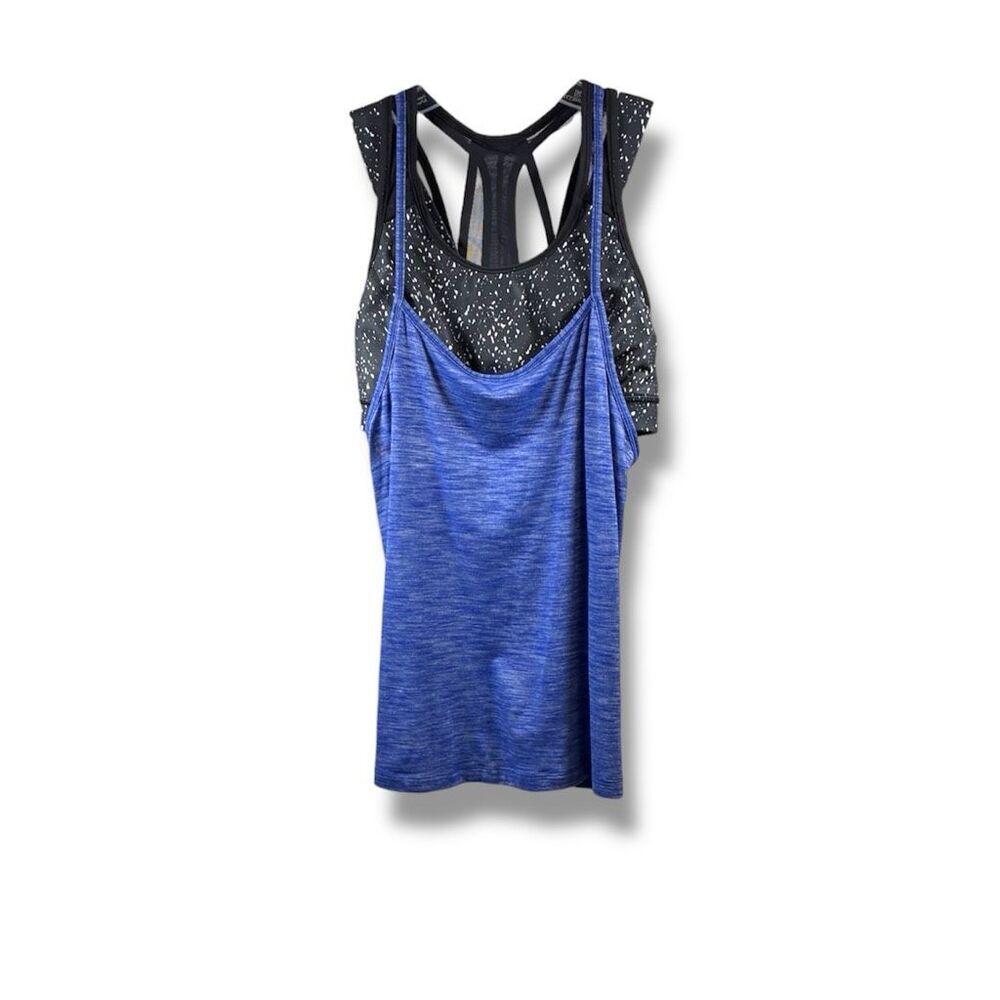 Lululemon Tough It Out Tank in Heathered Sapphire Blue Butterfly Texture Black W